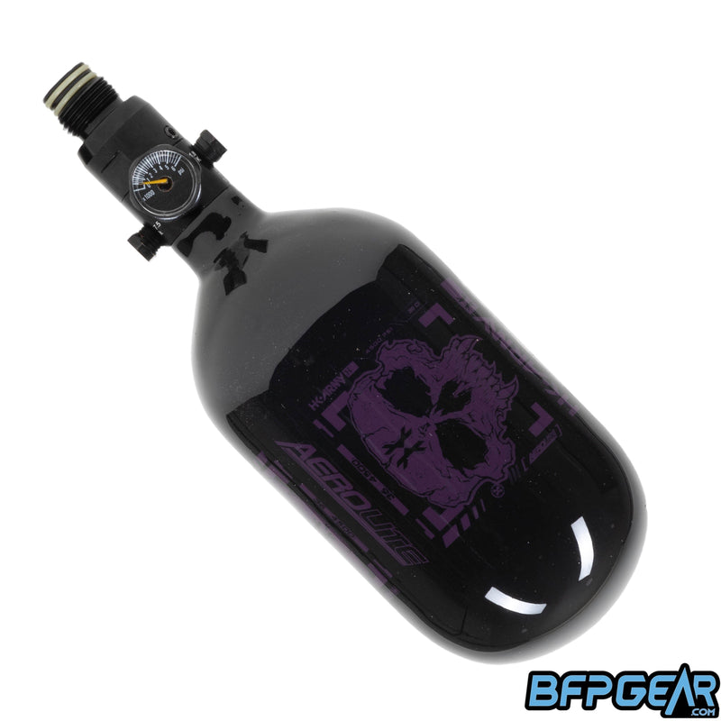 The HK Army 36ci air tank with the Doom pattern in black and purple with a standard regulator. Holds up to 4500psi.