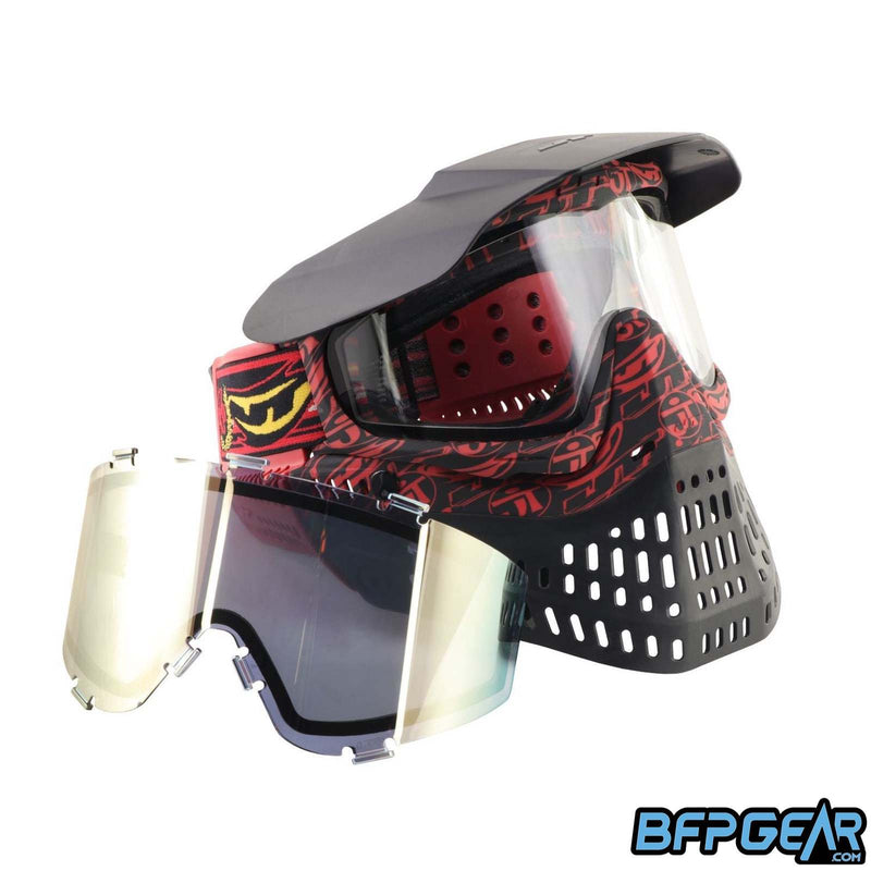 The 40th anniversary JT ProFlex goggle. Unique black and red printed design, goggle strap, and has two thermal lenses. Comes with a gold thermal lens and a clear thermal lens.