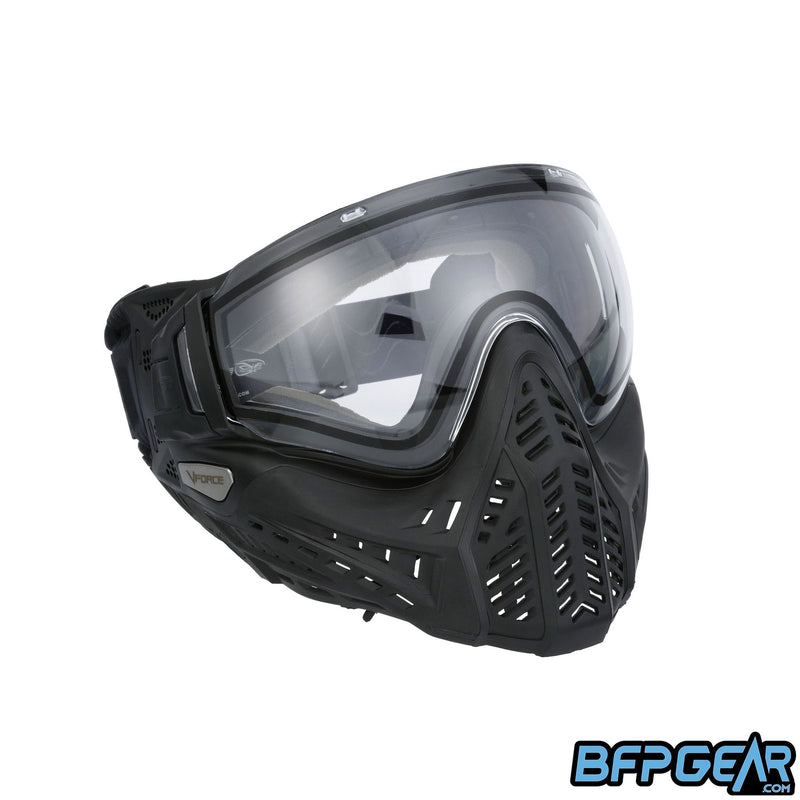 Left facing angled shot of the Profiler 2.0 in all black. The upgraded ventilation goes along side the goggle, from the cheek to the ear.