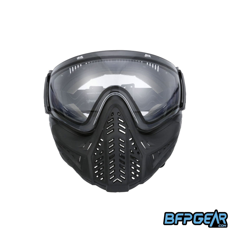 Front facing view of the V-Force Profiler 2.0 paintball mask in all black. The Profiler 2.0 uses the same lens as the previous model, and has better ventilation.