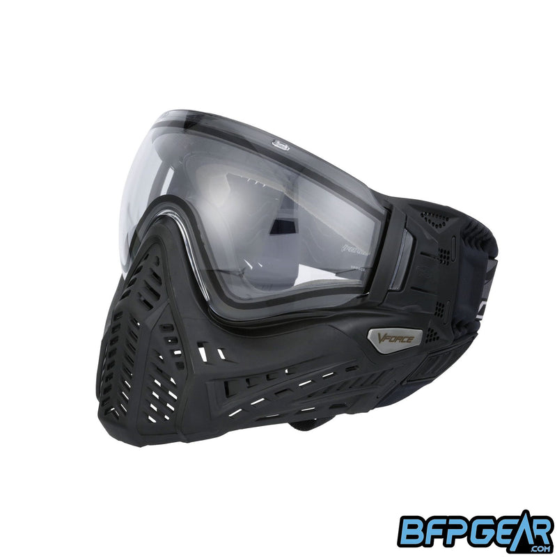 Left facing angled shot of the Profiler 2.0 in all black. The upgraded ventilation goes along side the goggle, from the cheek to the ear.