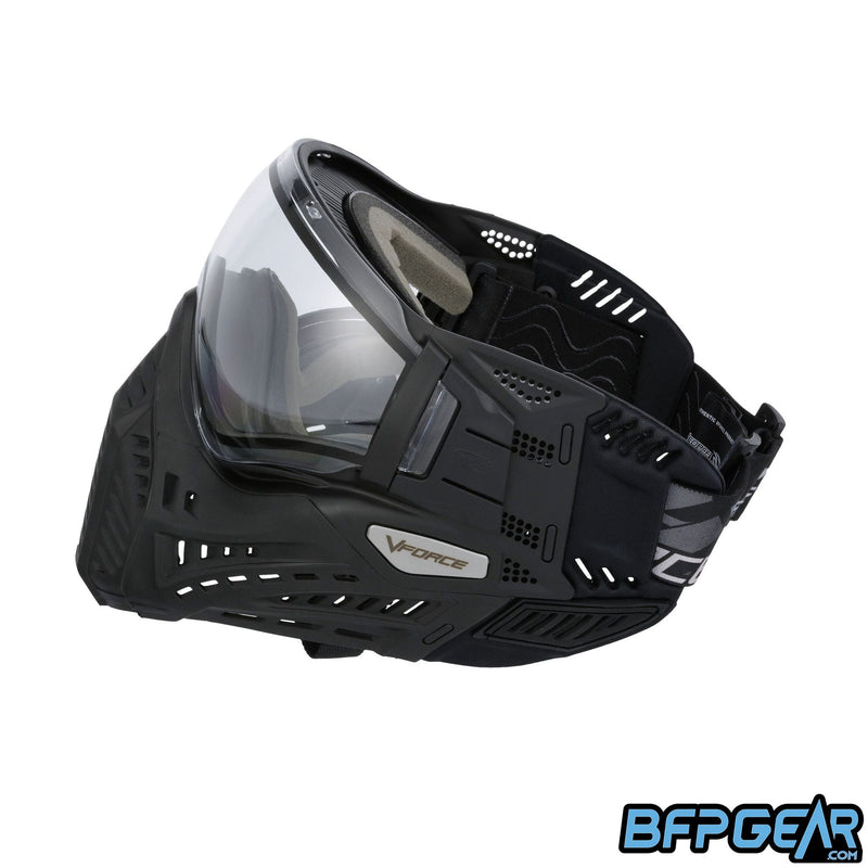 Left facing view of the Profiler 2.0 in all black. New soft ears come with the goggle for increased comfort.