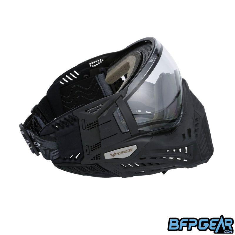Right facing view of the Profiler 2.0 in all black. New soft ears come with the goggle for increased comfort.