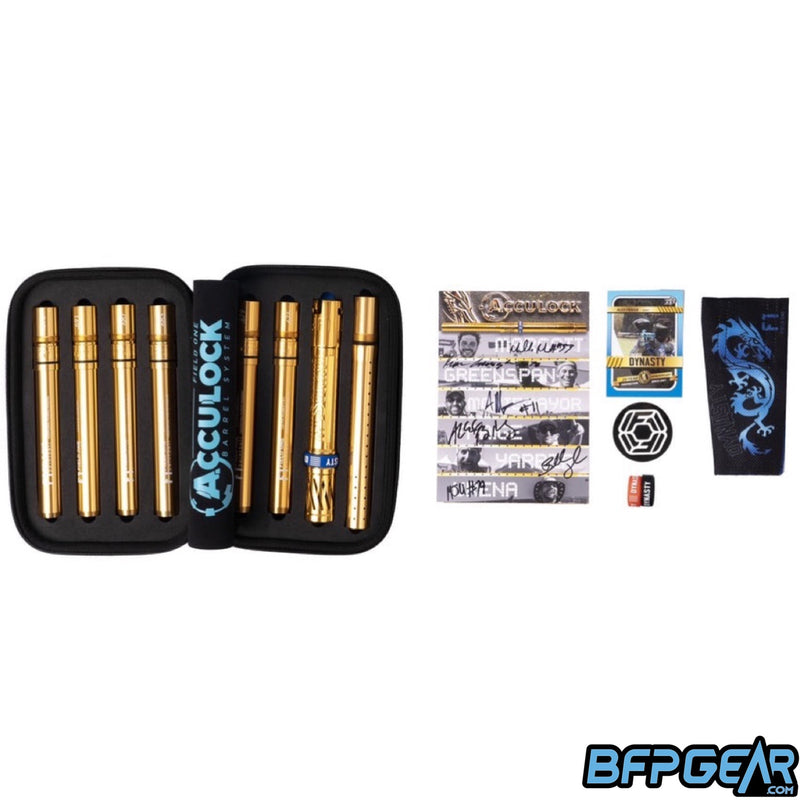 The contents of the all gold Dynasty Acculock barrel kit. Comes with a carrying case, card signed by NXL Golden barrel winners, Dynasty player card, two extra barrel rings, Field One sticker, and a Dynasty barrel sleeve.