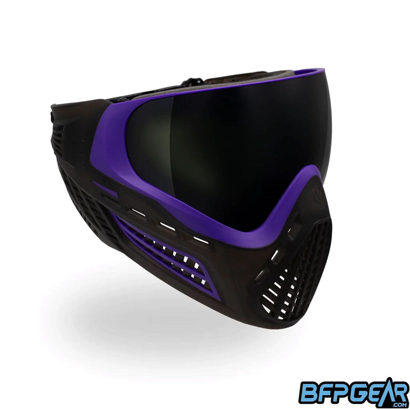 Angled shot of the Purple Smoke Ascend goggles to show off more ventilation along the cheek.