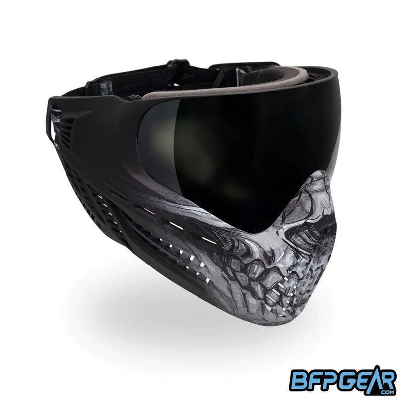 The LE Skull Vio Ascends. Smoke lens installed with a Skull pattern printed on the front of the goggle.