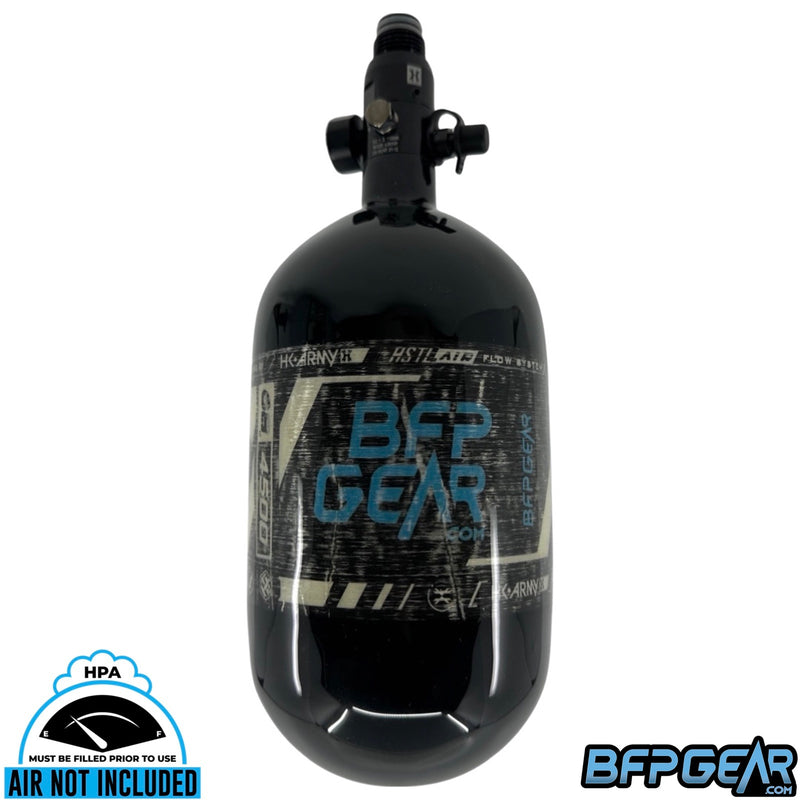 The HK Army HSTL x BFPGear air tank in black. BFPGear.com logo goes all around the middle of the bottle.