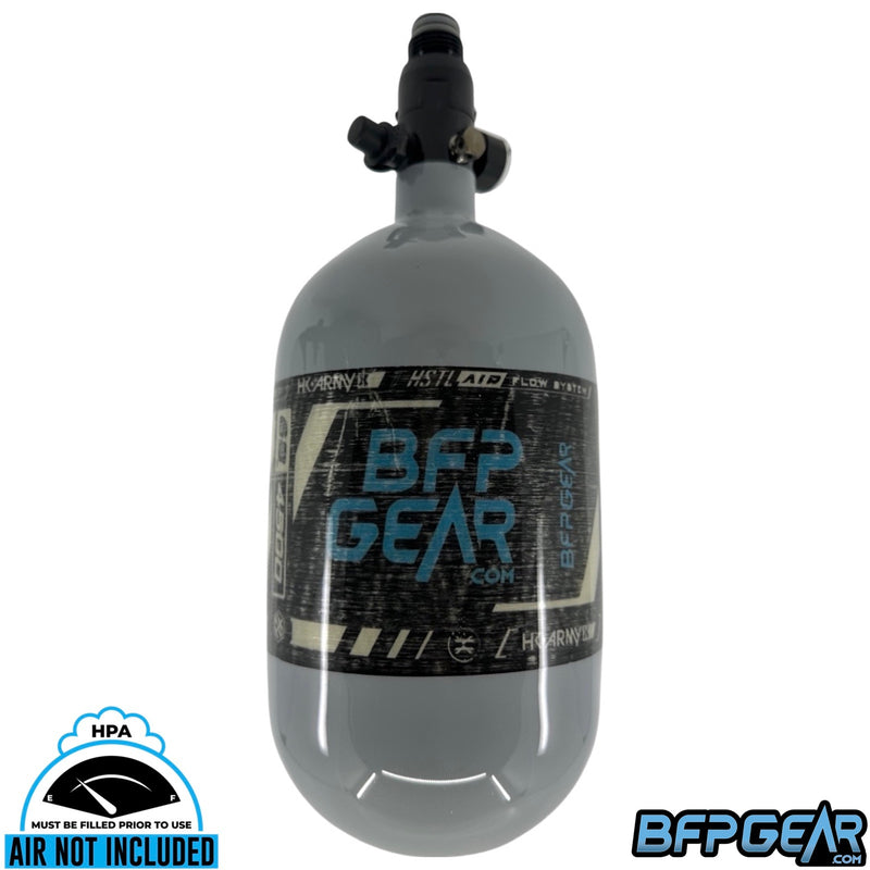 The HK Army HSTL x BFPGear air tank in grey. BFPGear.com logo goes all around the middle of the bottle.
