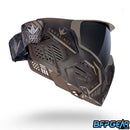 Angled side view of the BK CMD goggle. Every CMD goggle has a thicker strap to firmly secure the goggle to your head.