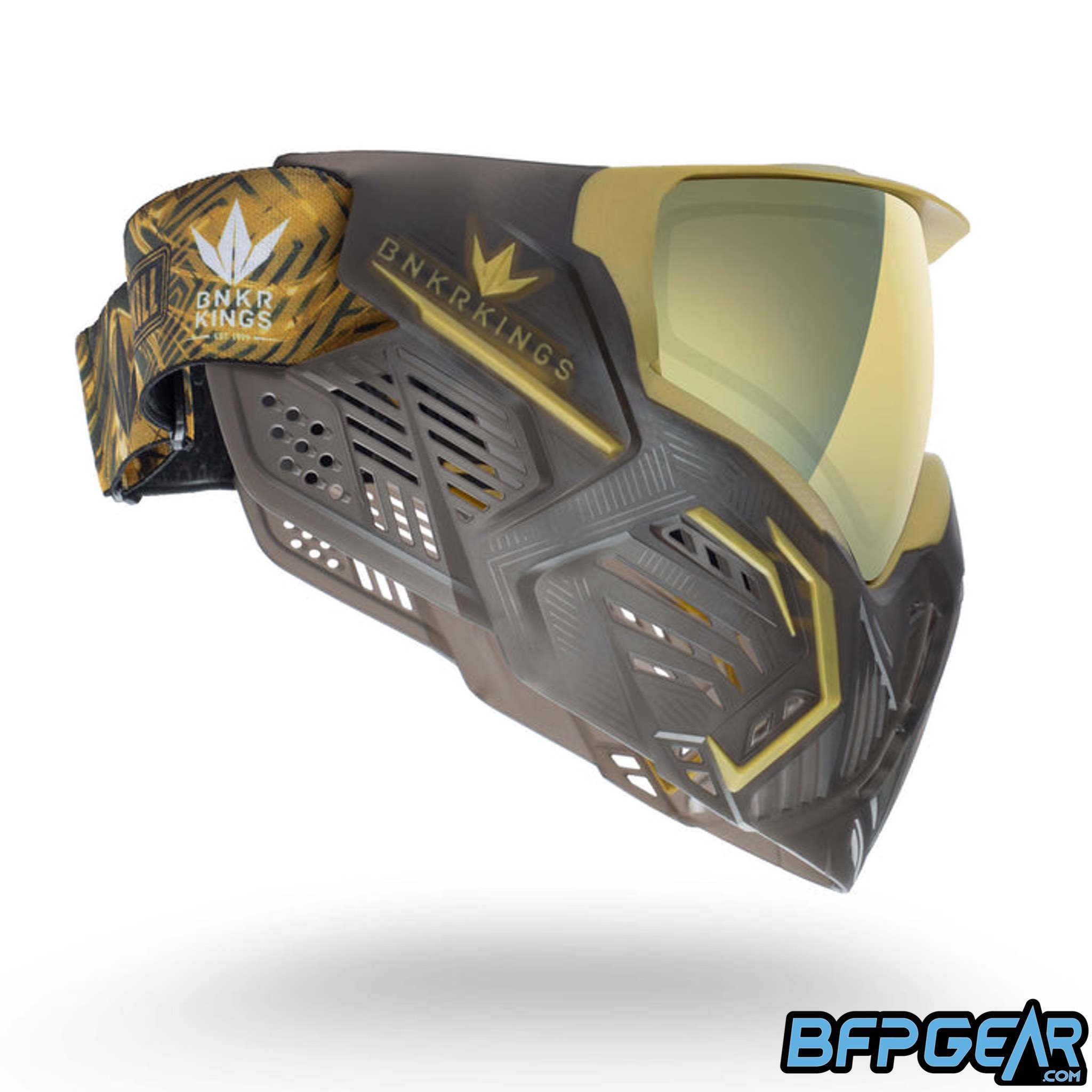 An angled side view of the CMD goggle. The ventilation doesn't just stop with the front of the goggle. Cheek and air ventilation give more passages for air and prevent echo from communicating.