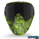 The front facing view of the BunkerKings CMD goggle in Acid Black highlander. This features BK's signature pattern, the highlander camo but in lime green.