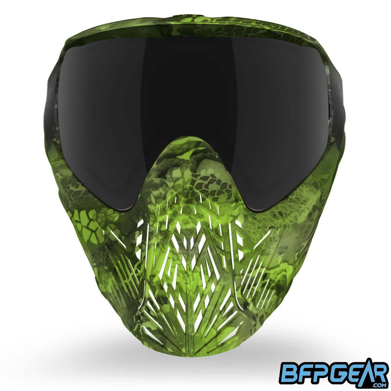 The front facing view of the BunkerKings CMD goggle in Acid Black highlander. This features BK's signature pattern, the highlander camo but in lime green.