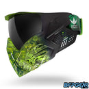 Left facing view of the Bunkerkings CMD goggle in Acid Black highlander. The Highlander camo pattern fades to black towards the ears of the goggle, and comes with a matching strap.