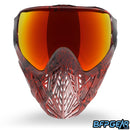 The front facing view of the BunkerKings CMD goggle in Fire Black highlander. This features BK's signature pattern, the highlander camo but in red.