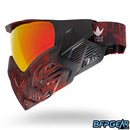 Left facing view of the Bunkerkings CMD goggle in Fire Black highlander. The Highlander camo pattern fades to black towards the ears of the goggle, and comes with a matching strap.