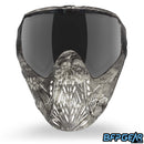 The front facing view of the BunkerKings CMD goggle in Ghost highlander. This features BK's signature pattern, the highlander camo but in white.