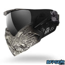 Left facing view of the Bunkerkings CMD goggle in Ghost highlander. The Highlander camo pattern fades to black towards the ears of the goggle, and comes with a matching strap.