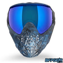 The front facing view of the BunkerKings CMD goggle in Ice Black highlander. This features BK's signature pattern, the highlander camo but in blue.