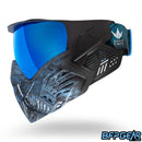 Left facing view of the Bunkerkings CMD goggle in Ice Black highlander. The Highlander camo pattern fades to black towards the ears of the goggle, and comes with a matching strap.