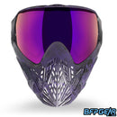 The front facing view of the BunkerKings CMD goggle in Purple Black highlander. This features BK's signature pattern, the highlander camo but in purple.
