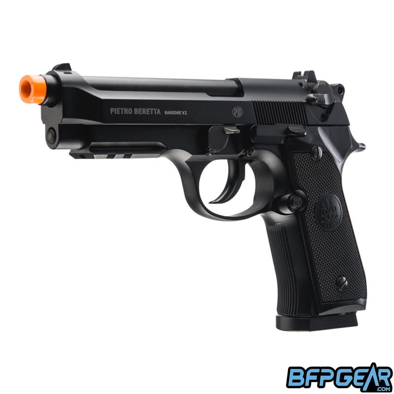 An angled view of the Beretta M92 airsoft pistol. The selector switch is on top of the slide.