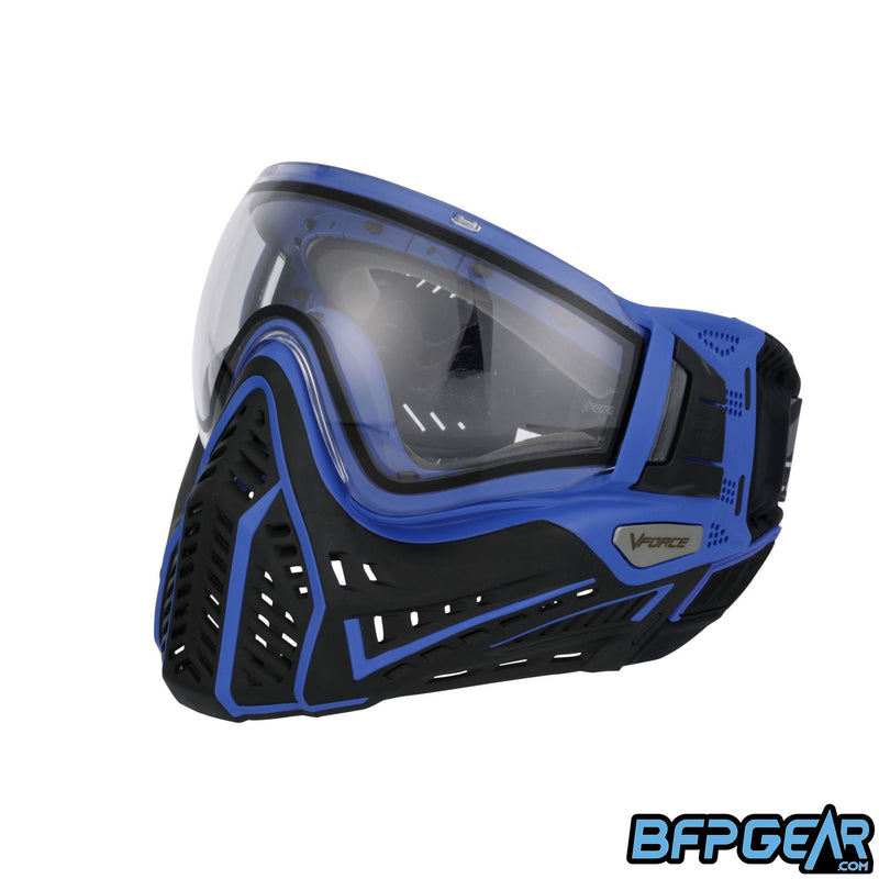 Left facing angled shot of the Profiler 2.0 in black and blue. The upgraded ventilation goes along side the goggle, from the cheek to the ear.