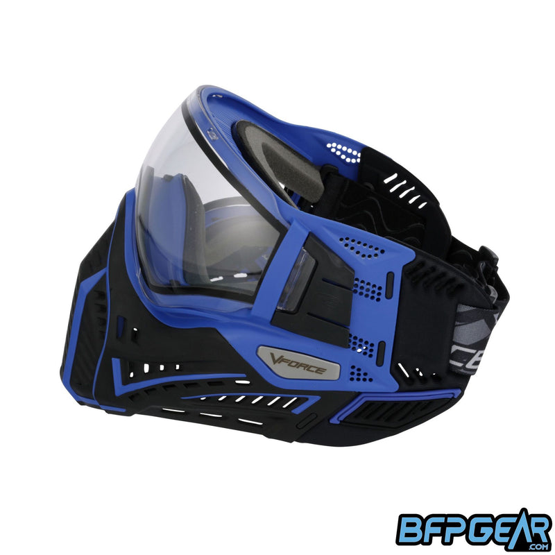 Left facing view of the Profiler 2.0 in black and blue. New soft ears come with the goggle for increased comfort.