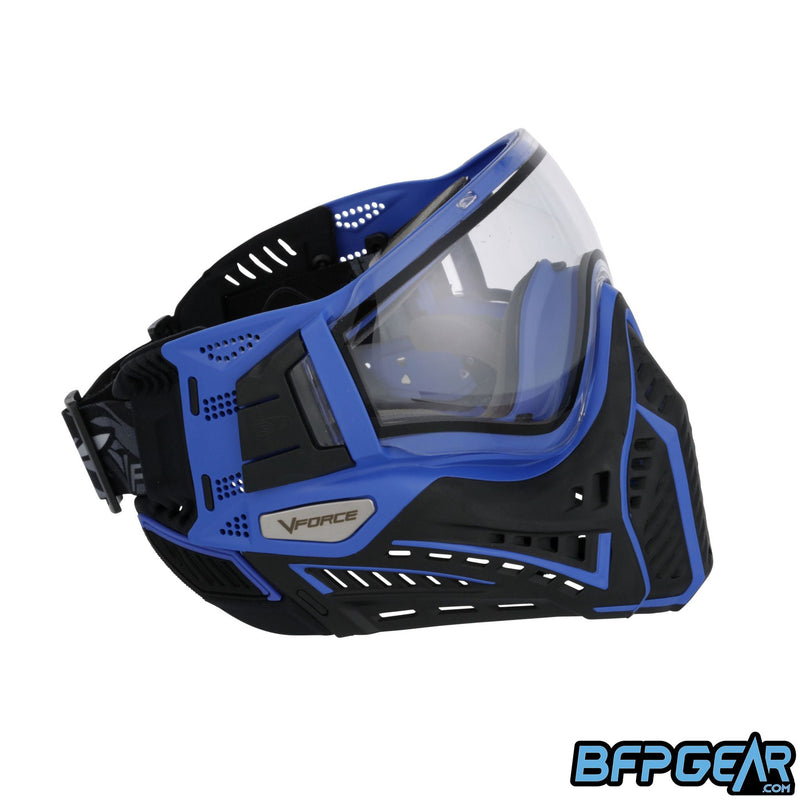 Right facing view of the Profiler 2.0 in black and blue. New soft ears come with the goggle for increased comfort.