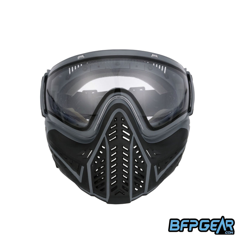 Front facing view of the V-Force Profiler 2.0 paintball mask in black and grey. The Profiler 2.0 uses the same lens as the previous model, and has better ventilation.