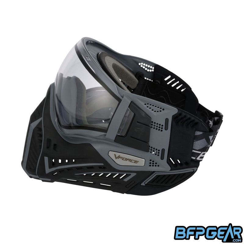Left facing view of the Profiler 2.0 in black and grey. New soft ears come with the goggle for increased comfort.