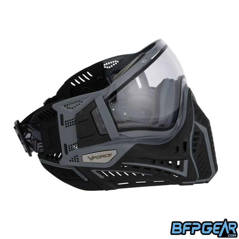Right facing view of the Profiler 2.0 in black and grey. New soft ears come with the goggle for increased comfort.