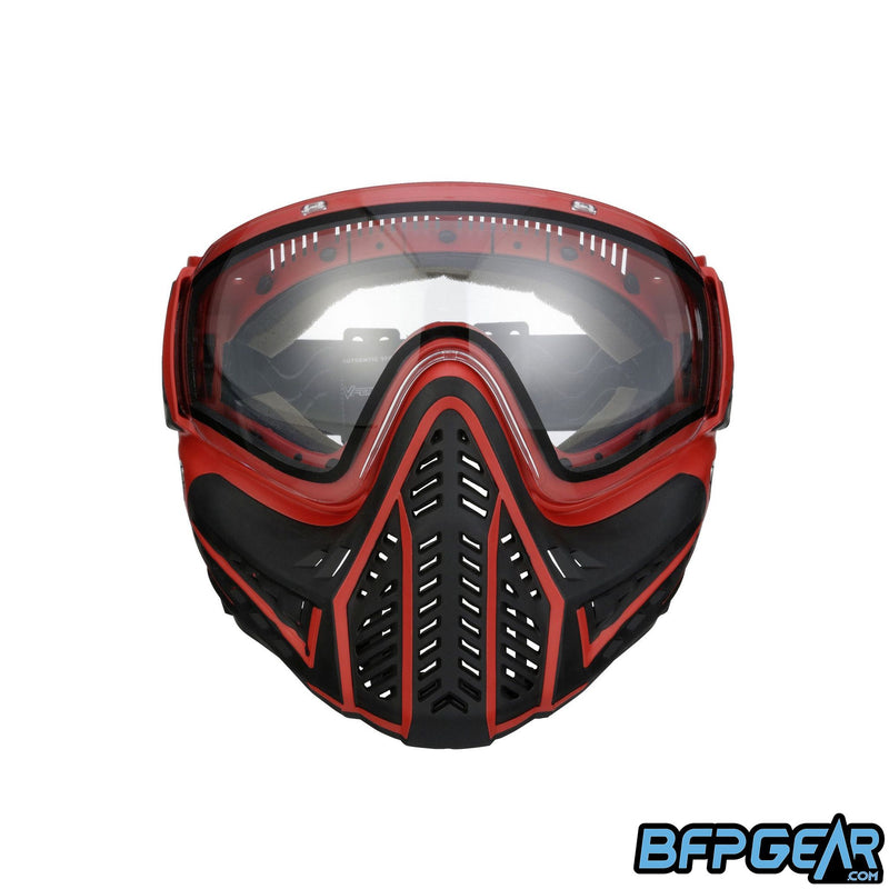 Front facing view of the V-Force Profiler 2.0 paintball mask in black and red. The Profiler 2.0 uses the same lens as the previous model, and has better ventilation.