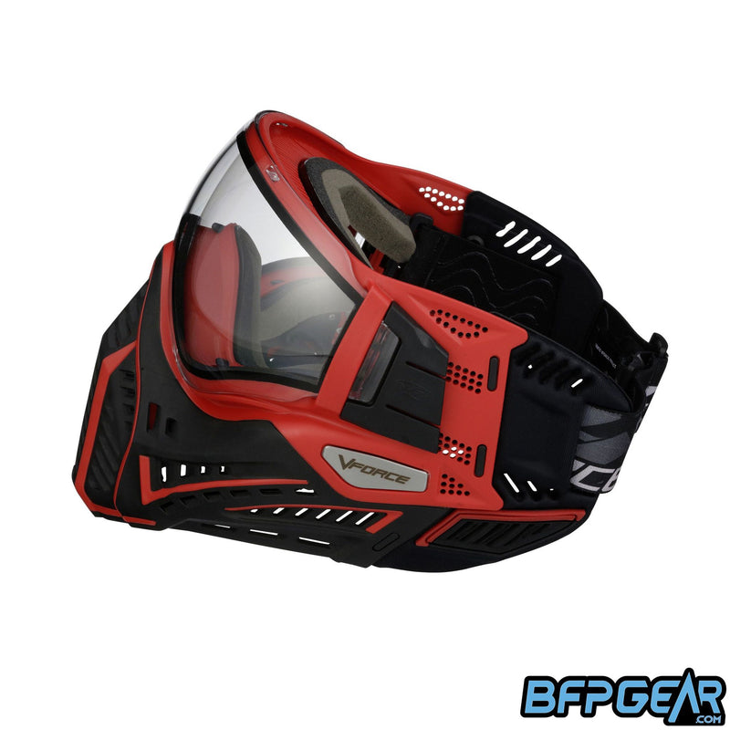 Left facing view of the Profiler 2.0 in black and red. New soft ears come with the goggle for increased comfort.