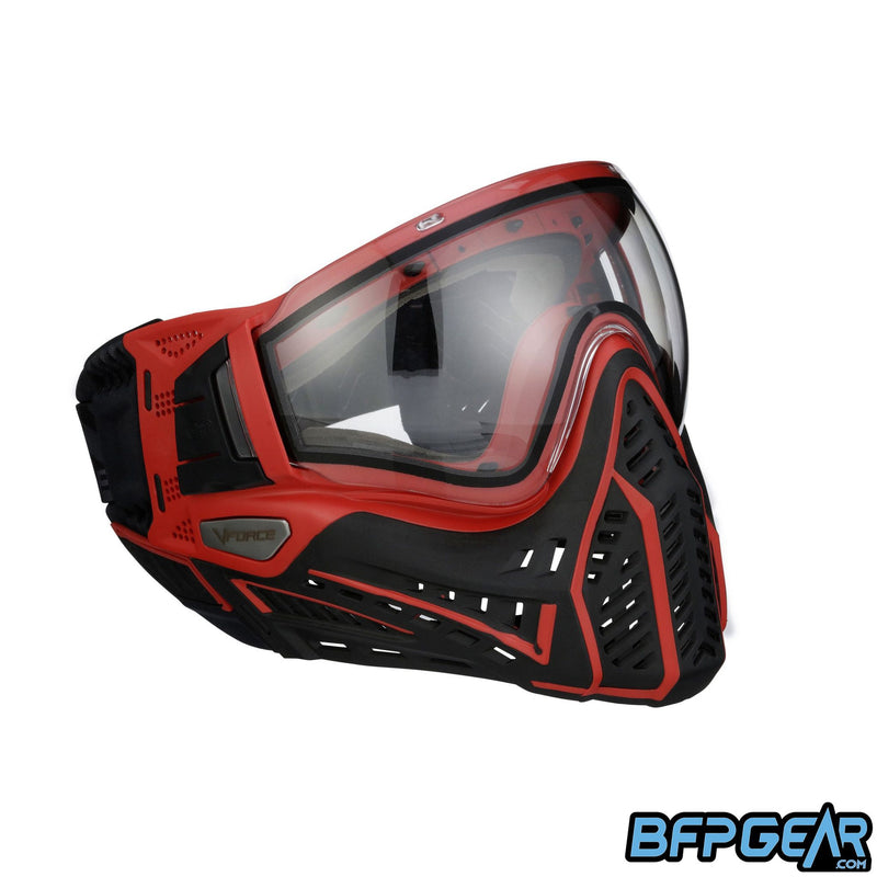 Right facing angled shot of the Profiler 2.0 in black and red. The upgraded ventilation goes along side the goggle, from the cheek to the ear.