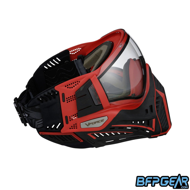 Right facing view of the Profiler 2.0 in black and red. New soft ears come with the goggle for increased comfort.