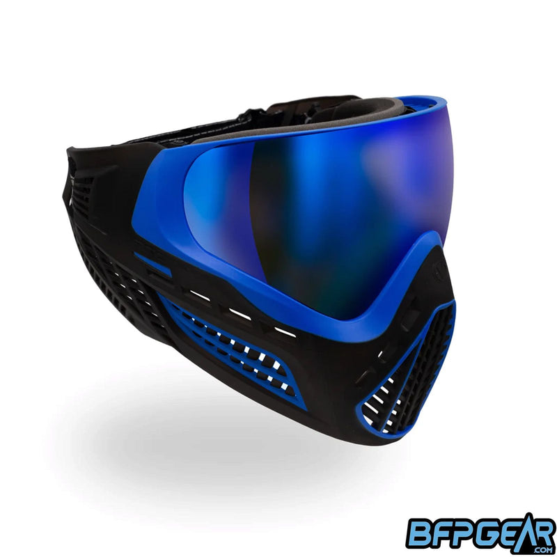 Angled shot of the Blue Ice Ascend goggles to show off more ventilation along the cheek.