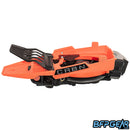 The internal tray of the CRBN DRV Loader. Spring ramp in the front to help feed paint into the main raceway. There is also a micro-USB port to update the board above the screen, and a USB-C port to charge the battery.