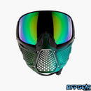 The CRBN Zero Pro Fade Forest. Half dark green, half translucent teal, split down the middle. Green mirror lens is installed.