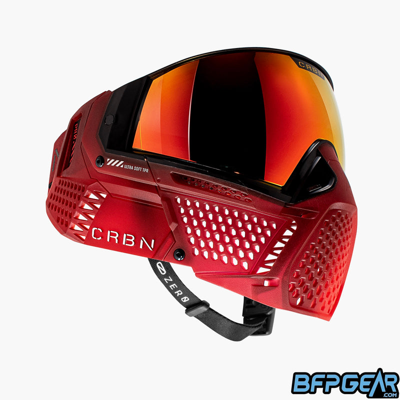 The left half of the CRBN Zero Fade Blood goggle. This half is dark red and is slightly translucent.