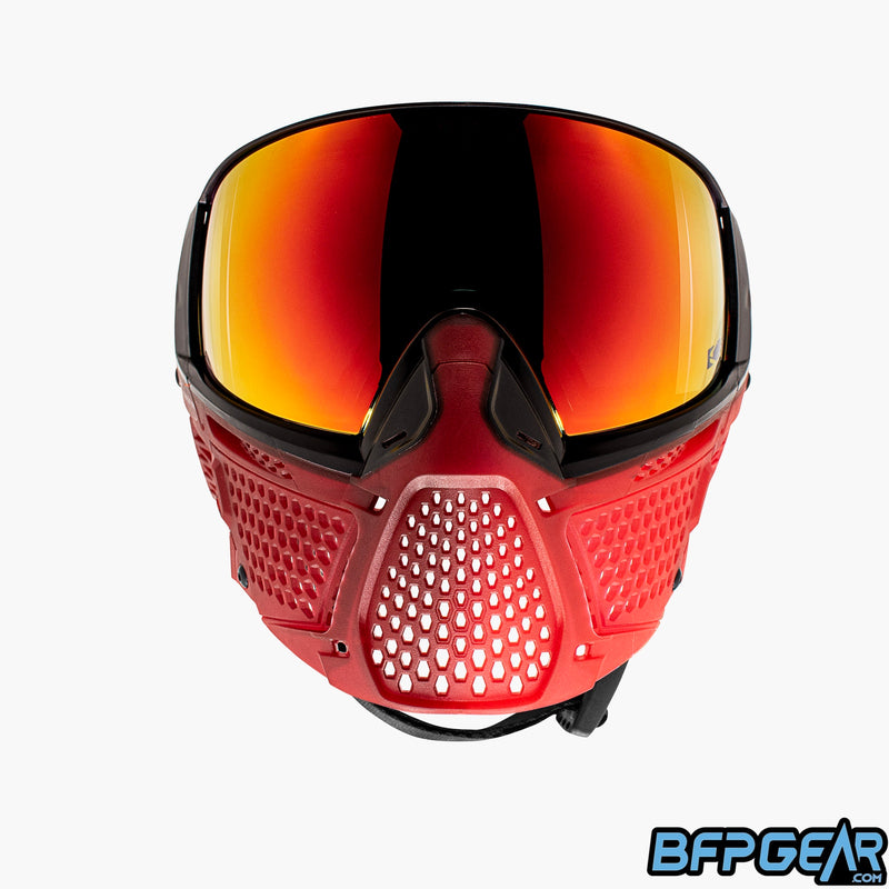 The CRBN Zero Fade Blood goggle. Half dark red, and half bright red, split down the middle. Has a red mirror lens installed.