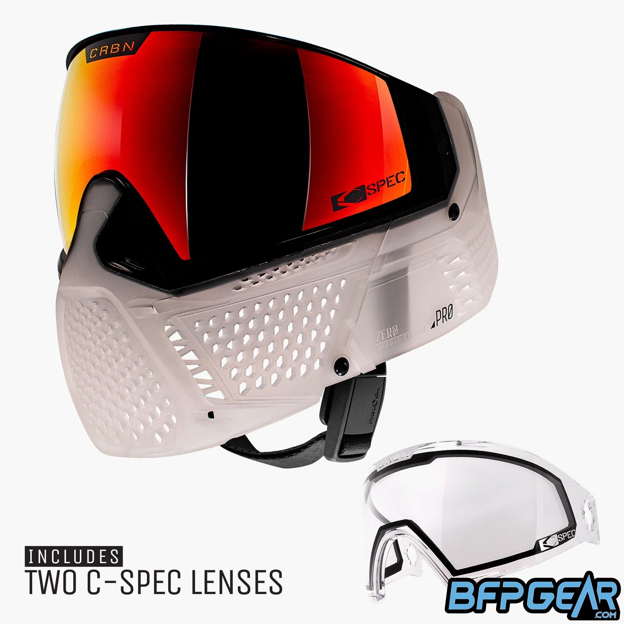 The CRBN Zero Pro Goggle in the clear color way. Comes with two lenses. One highlight lens that compliments the color way of the goggle, and a clear lens.