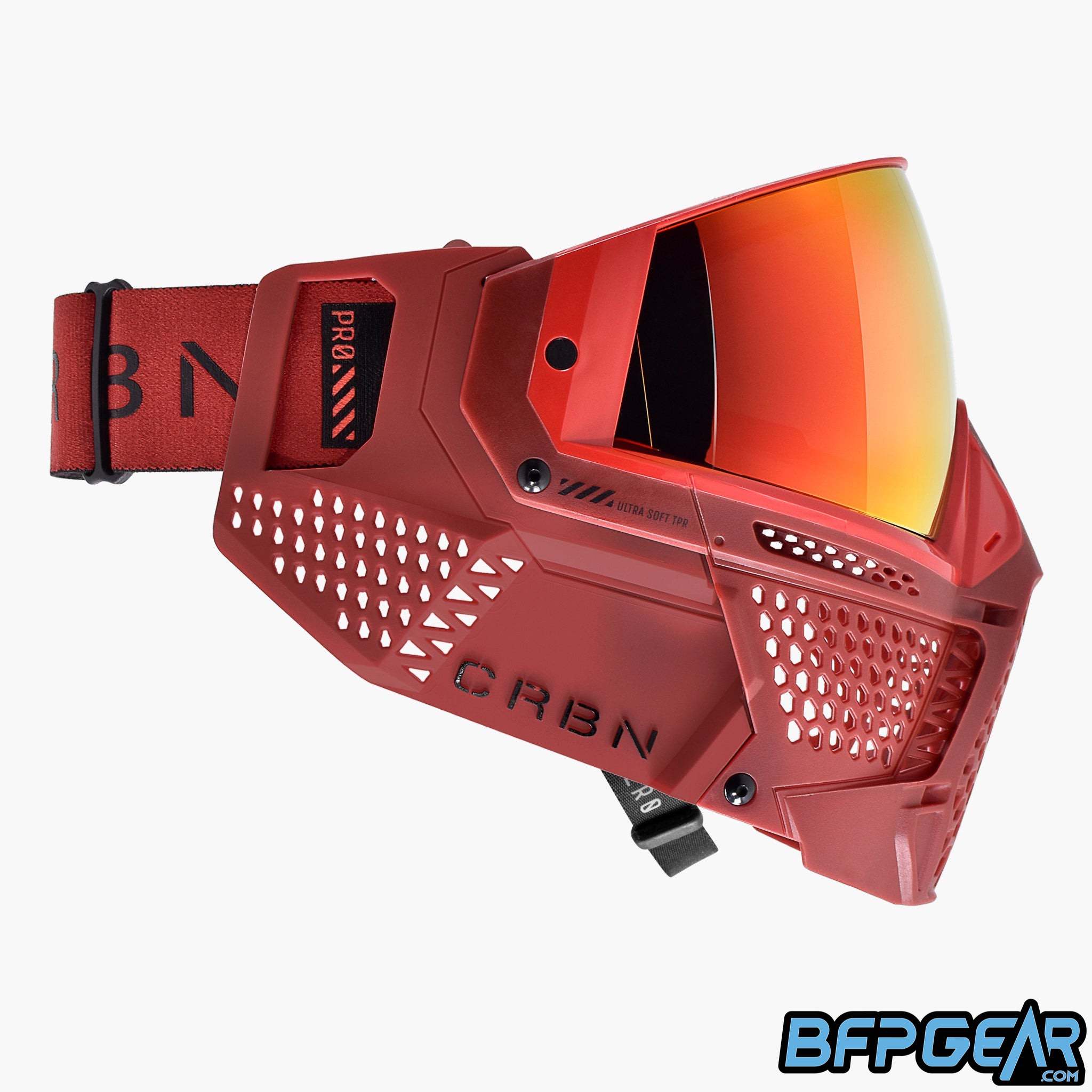 The CRBN Zero Pro goggle facing the right in the more coverage size. Thicker goggle strap and longer faceplate for better coverage.