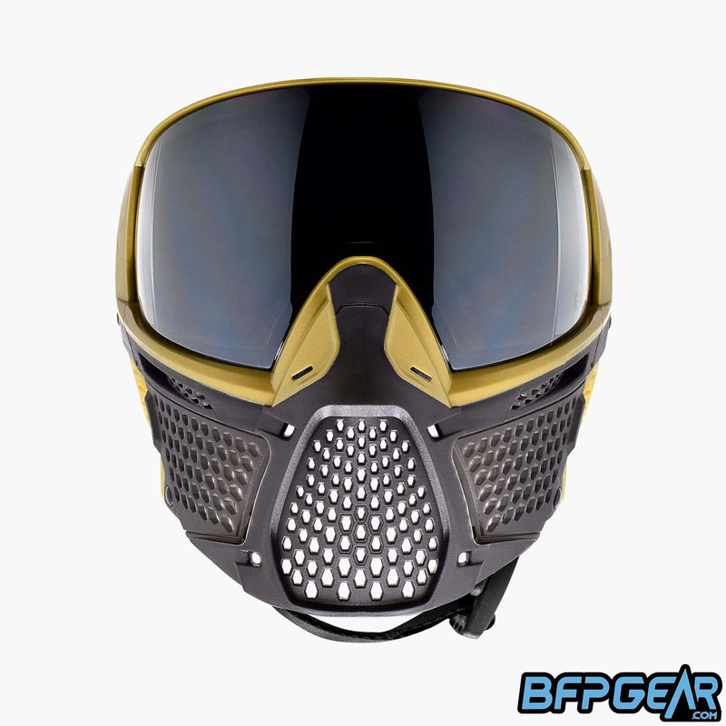 The CRBN Zero Pro goggle facing the front. This shows off the ventilation throughout the goggle.
