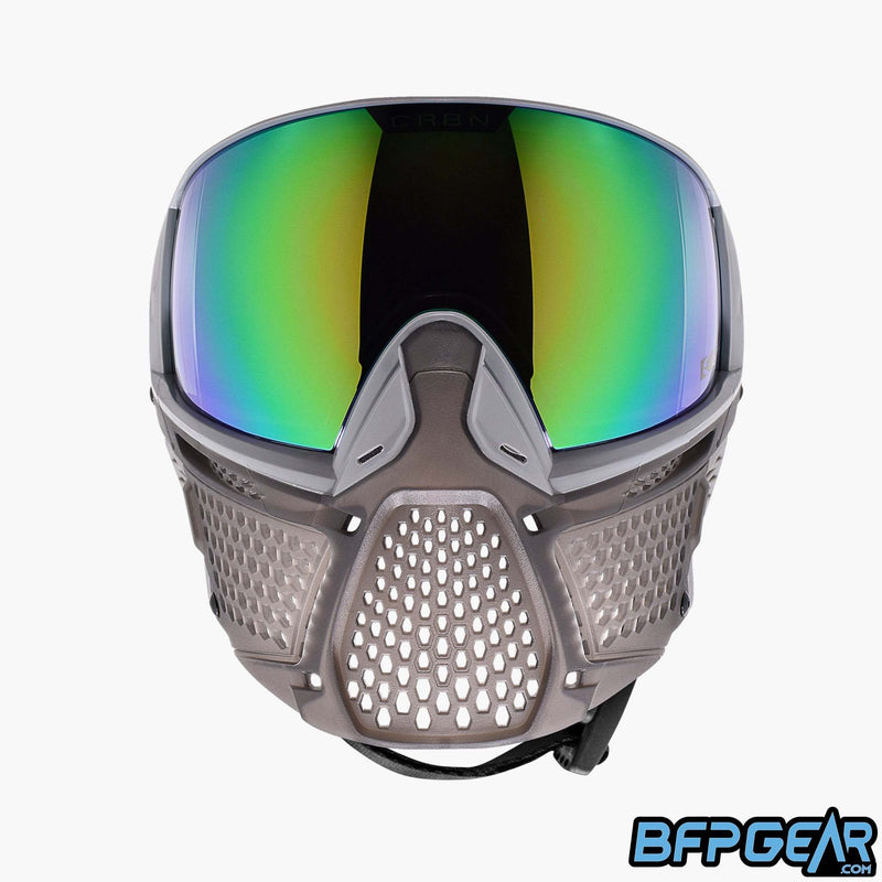 Front facing view of the CRBN Zero Pro goggle. Ventilation is all over the front of cheeks of the mask, allowing for maximum airflow.