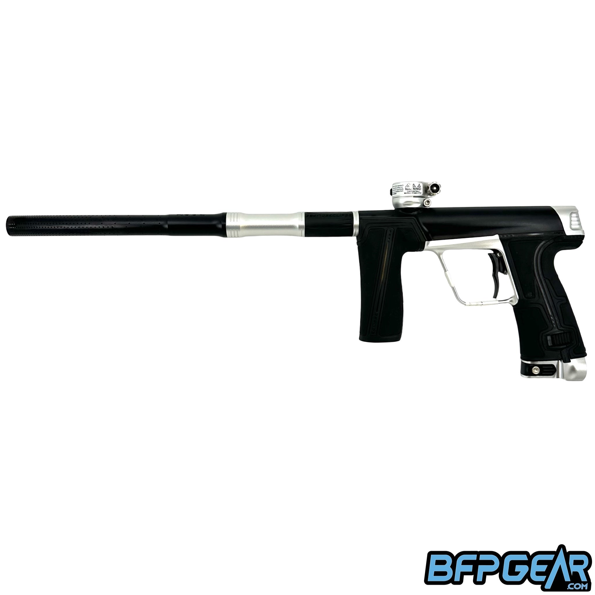The Planet Eclipse CS3 Pro paintball gun in black and silver.