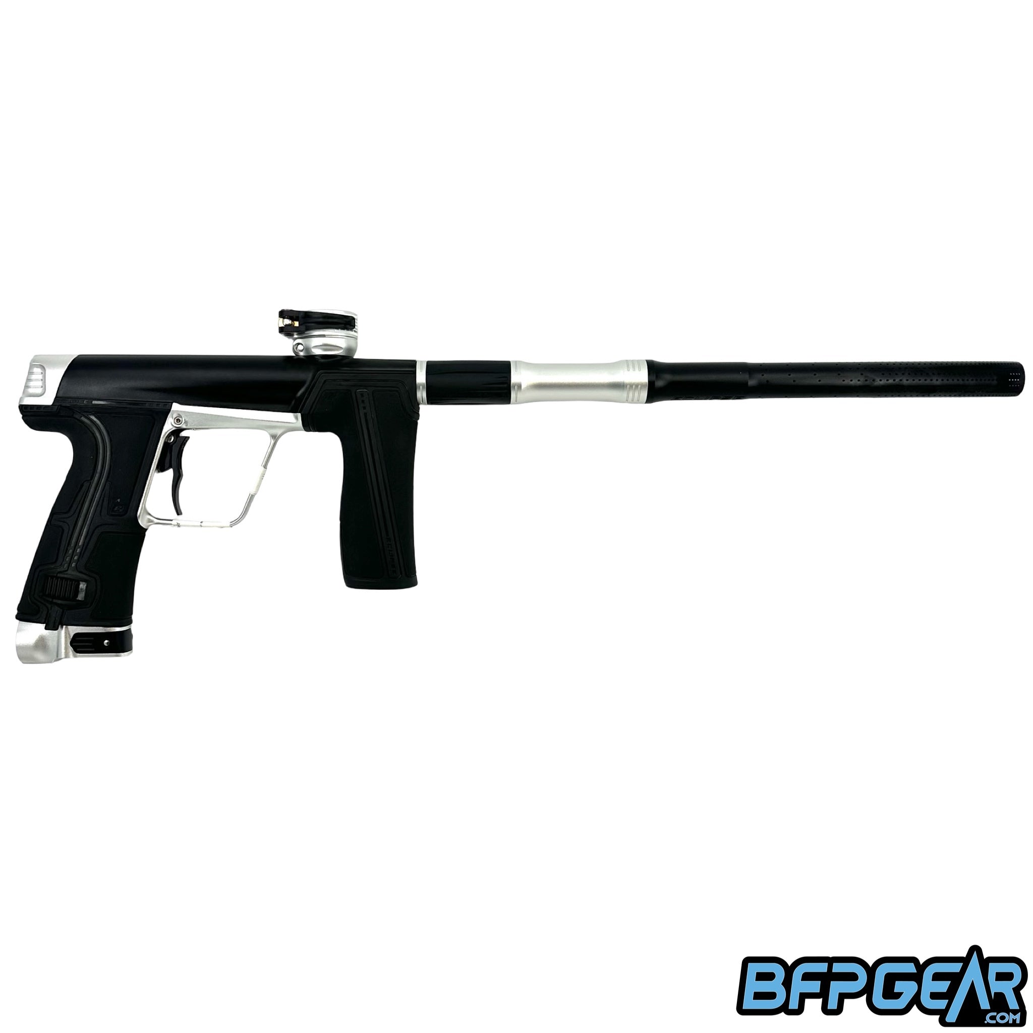 The Planet Eclipse CS3 Pro paintball gun in black and silver.