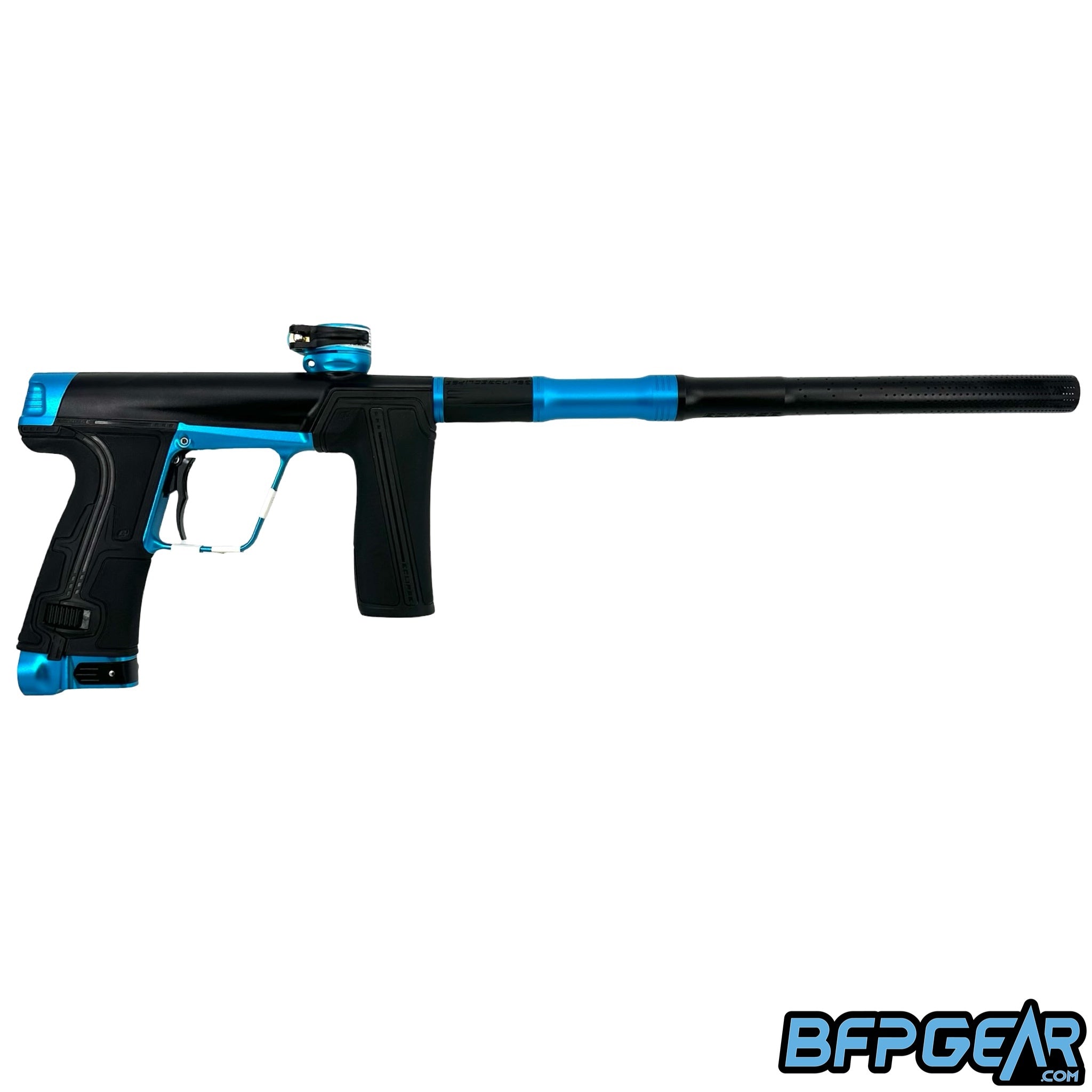 The Planet Eclipse CS3 Pro paintball gun in black and turquoise.