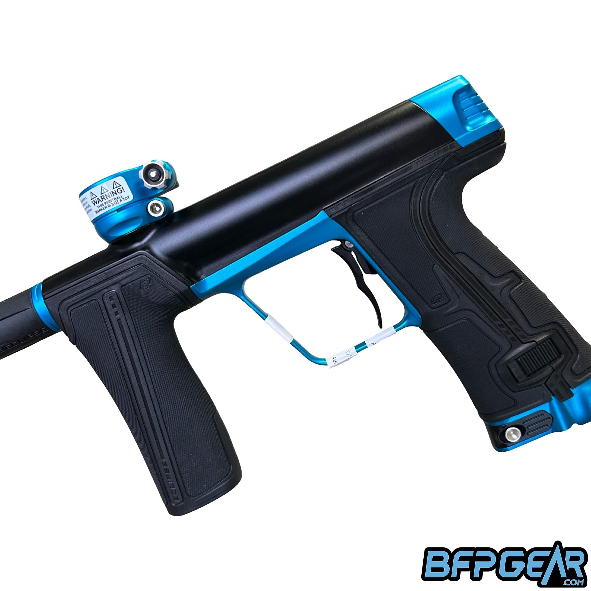 The Planet Eclipse CS3 Pro paintball gun in black and turquoise.