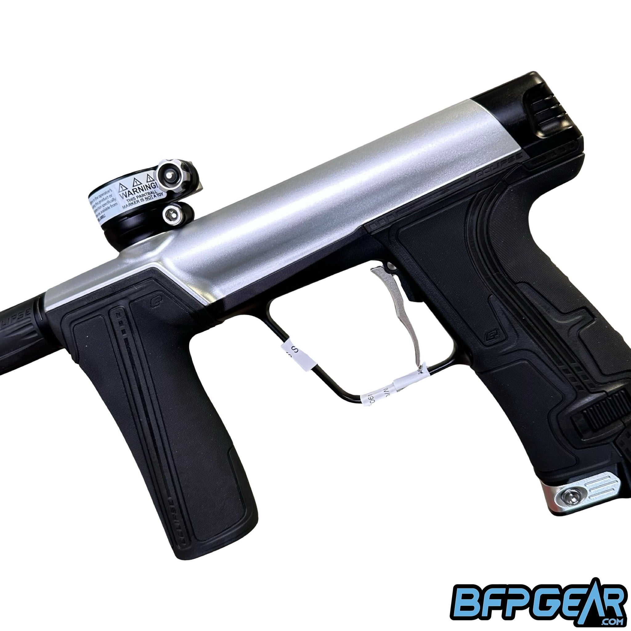 The Planet Eclipse CS3 Pro paintball gun in silver and black.