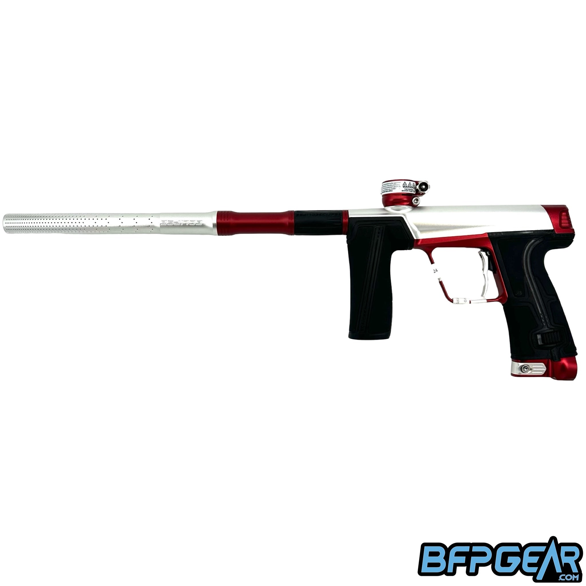 The Planet Eclipse CS3 Pro paintball gun in silver and red.